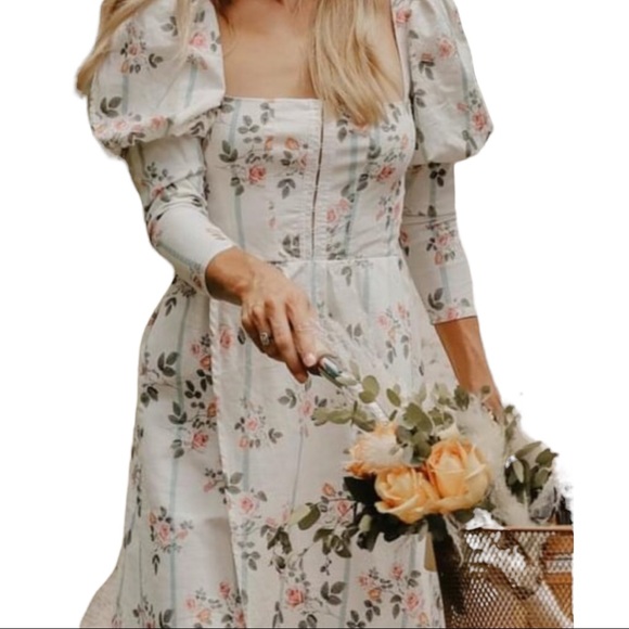 For Love & Lemons x Free People XS 0/2 Ivory Pink Floral Stripe Puff Sleeve Midi - Picture 7 of 15